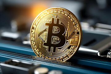 Close-up of a shiny Bitcoin coin resting on a modern financial device, symbolizing the rise of cryptocurrency in digital finance and investment.