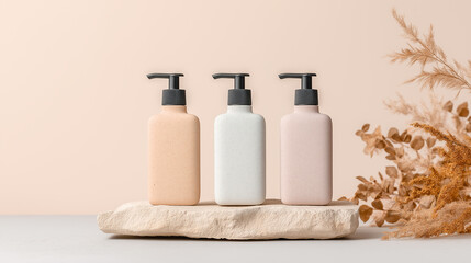 A trio of rectangular shape cosmetic or pump bottles arranged  with a back pump dispenser, muted pastel colors: a pale peach, an off-white/blue, and a dusty pink/light terracotta. 