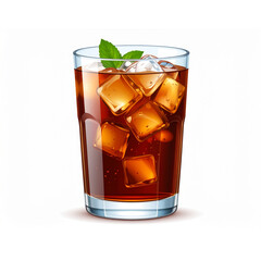 Cuba libre cocktail with rum, cola, ice cubes and lime slice in glass on white background
