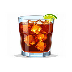 Cuba libre cocktail with rum, cola, ice cubes and lime slice in glass on white background