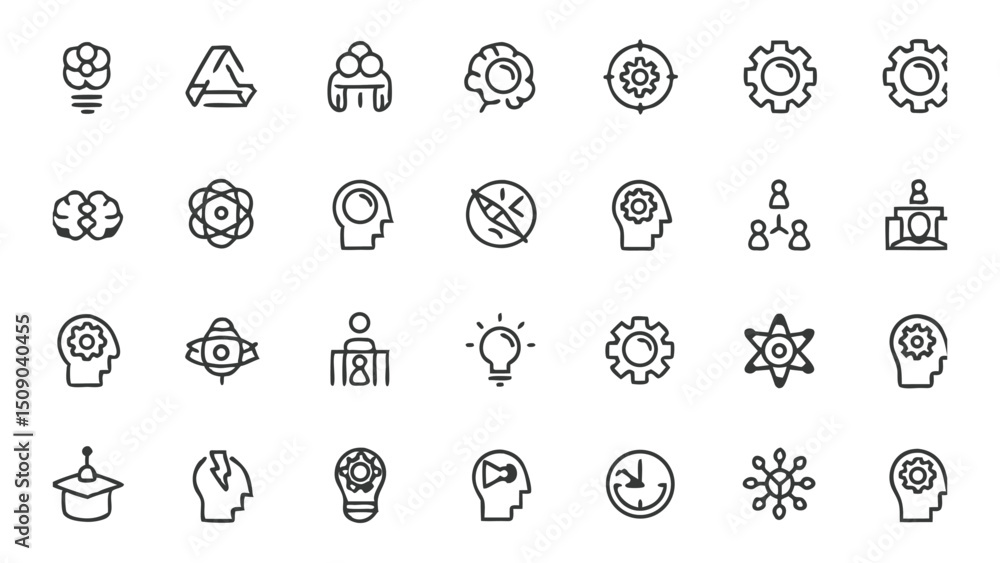 Poster vector icons of thinking process, creativity, innovation, strategy and problem solving for graphic d