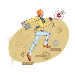 Career ladder. Young man running up the career stairs