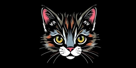 Obraz premium Hand-drawn graphic kitten head, black background, t-shirt design, art, eyes