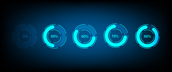 Vector circular progress bars with glowing loading scales and percentage indicators, future loading technology bars of head up display.