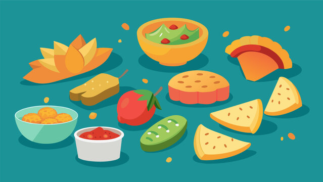 A mouthwatering spread of small bites including mini tamales flaky pastelitos and crunchy chicharrones.. Vector illustration