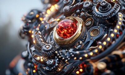 Fototapeta premium Glowing robotic core, intricate gears, close-up, tech background, sci-fi concept art