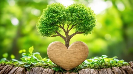 Heart-shaped tree growing from wood, nature background, environmental concept, website banner
