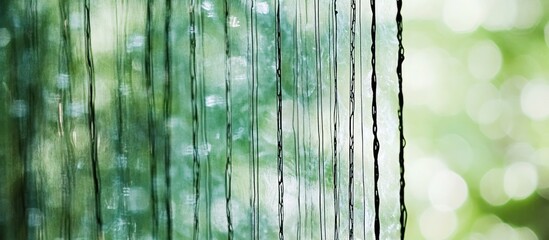 Rain streaks on glass, green bokeh background, nature scene, website banner