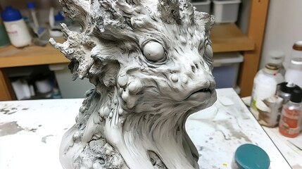Clay creature bust, workshop setting, artistic creation, fantasy creature