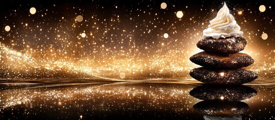 Festive cookies with cream, sparkling background, holiday dessert