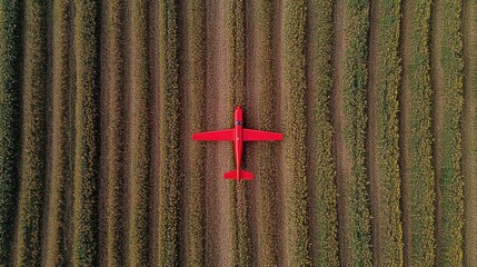 Red glider in harvested field, aerial view, agricultural landscape,  farming