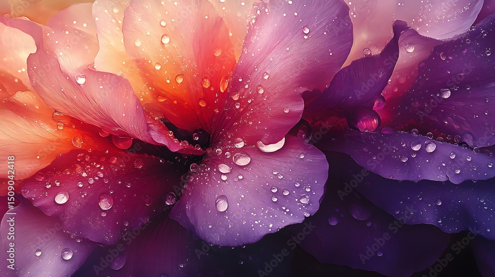 Poster an artistic abstract close-up image featuring vibrant gradient flower petals adorned with shimmering