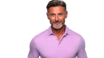 Smiling mature man with gray beard in pink shirt, cut out transparent