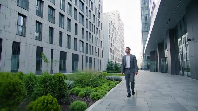 Businessman Walking in a Modern, Eco-Friendly Business District Showcasing Sustainable Urban Development