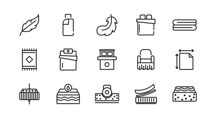 Bed linen linear icon set. Textile, comfort, sleep, bedroom, bedclothes, cotton, pillows, duvet cover,  cleaning, bedding sheet, sheet, soft, home, duvet, outline icon collection. UI thin vector icon