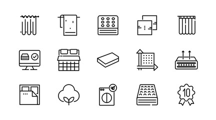 Bed linen linear icon set. Textile, comfort, sleep, bedroom, bedclothes, cotton, pillows, duvet cover,  cleaning, bedding sheet, sheet, soft, home, duvet, outline icon collection. UI thin vector icon
