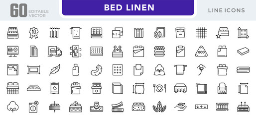 Bed linen linear icon set. Textile, comfort, sleep, bedroom, bedclothes, cotton, pillows, duvet cover,  cleaning, bedding sheet, sheet, soft, home, duvet, outline icon collection. UI thin vector icon