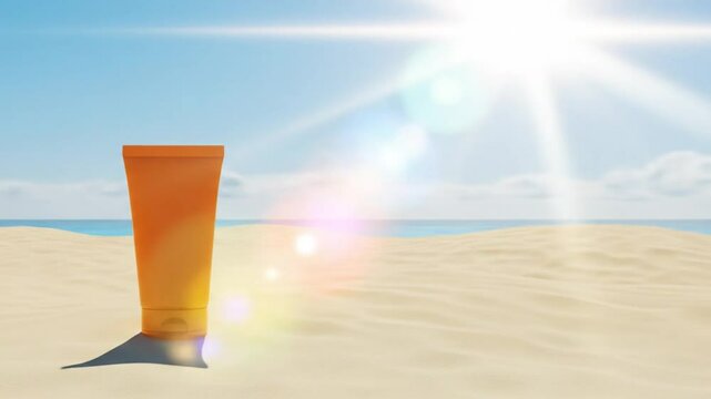 Orange sunscreen tube on sandy beach