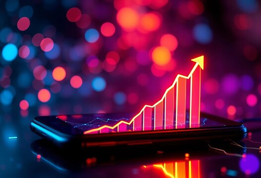 Smartphone with upward trending graph, glowing likes, and network connections,  interface,  growth