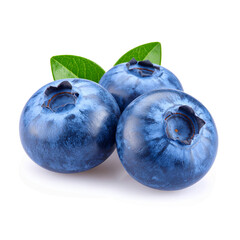 Three fresh blueberries with leaves on a transparent background