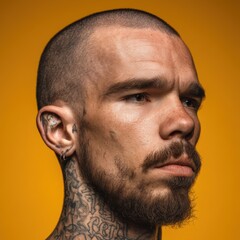 Obraz premium hipster man with tattoos on a bright colorful background, perfect lighting, close-up portrait, realistic and cinematic style