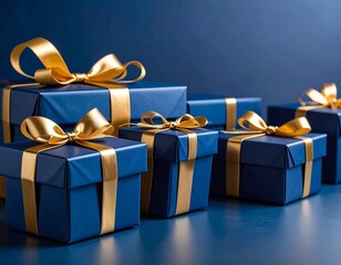 Navy blue gifts with gold ribbons, various sizes, arranged on a dark blue surface