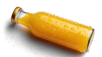 Fototapeta premium Freshly Squeezed Orange Juice in a Glass Bottle Covered in Condensation Lying on a White Surface with Water Droplets Perfect for a Refreshing and Healthy Start