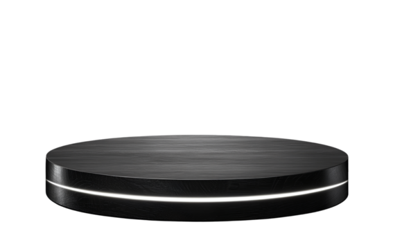A round podium or pedestal with black wood and white lighting, against a transparent background, in a PNG format, with an empty space in the middle for text.