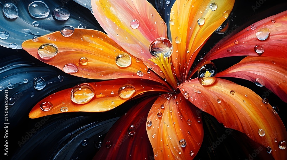 Poster A mesmerizing abstract floral close-up featuring vibrant petals adorned with glistening water droplets, creating a captivating and refreshing artistic composition with an abstract theme.