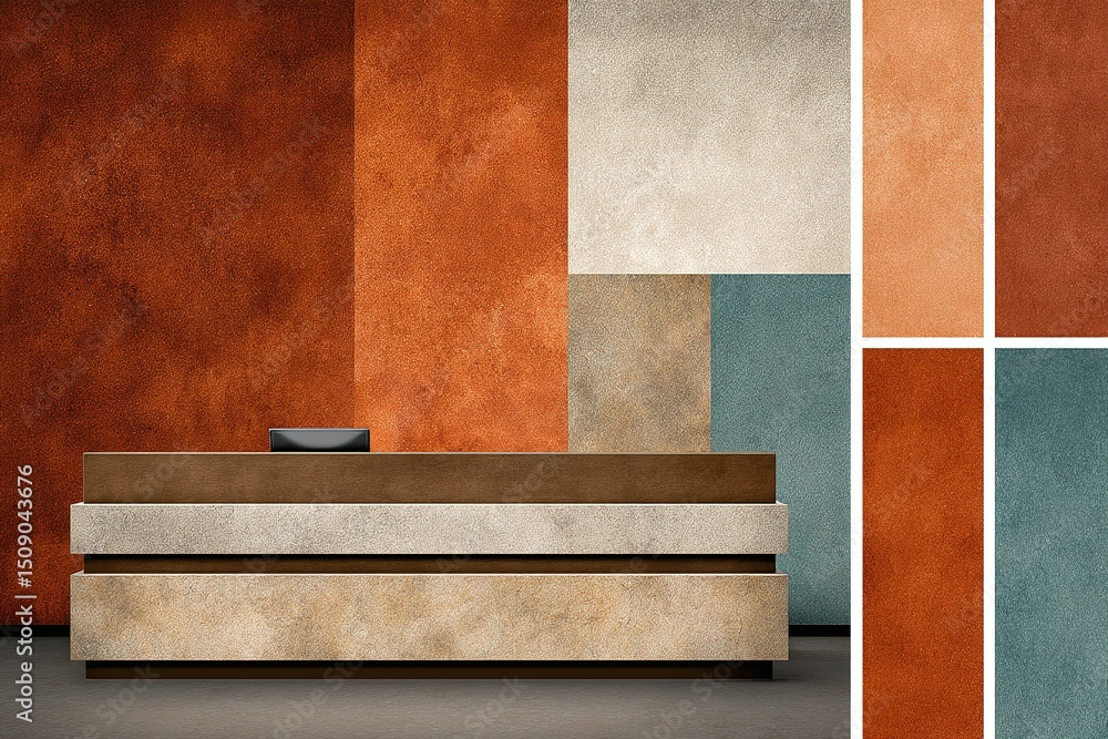 Aufkleber Modern reception area with textured walls and minimalist design elements showcasing warm and cool color contrasts
