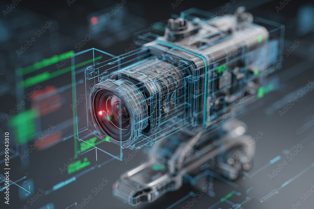 Poster detailed view of a futuristic camera design showcasing advanced technology and digital elements for 
