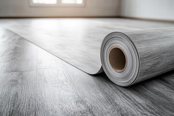 Close-up of grey vinyl flooring roll unrolling across bright modern room. Soft daylight. Wood texture detail. Clean, minimalist renovation process. Home interior improvement concept. Copy space