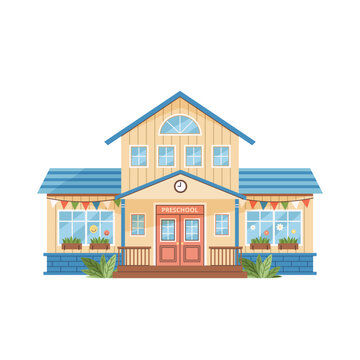 Preschool building icon in flat style. Modern exterior. Isolated clip art on white background for education themes or Back to School concept. Front view. Kindergarten, early learning center. Vector.