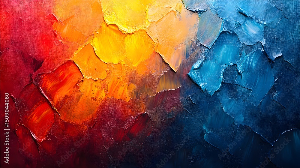 Poster Dynamic abstract painting featuring a vibrant gradient of red, orange, and blue, skillfully applied with thick brushstrokes to create a textured and visually captivating effect. Abstract Theme.