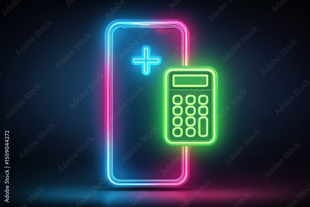 Poster neon phone and calculator graphic representing technology and digital tools in a modern context