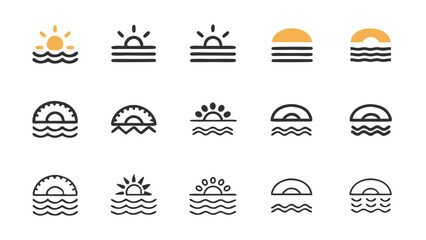 Sunset sunrise icons collection vector illustration ocean wave graphic design elements for logo and web