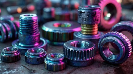 Shiny metallic objects creatively arranged with vibrant neon colors reflecting light