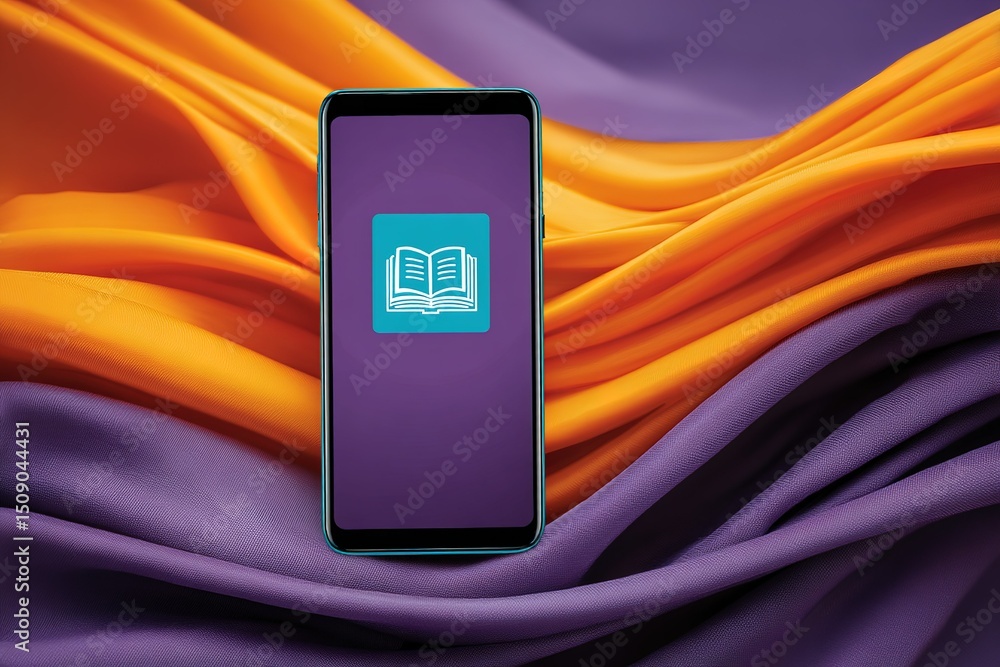 Poster smartphone displaying digital book app on colorful fabric background