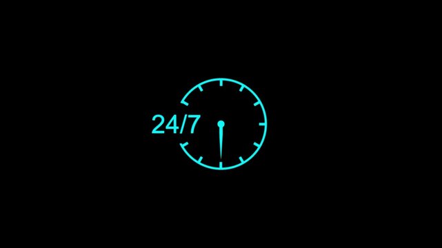 Abstract clock icon 24 hours a day and 7 days a week animation