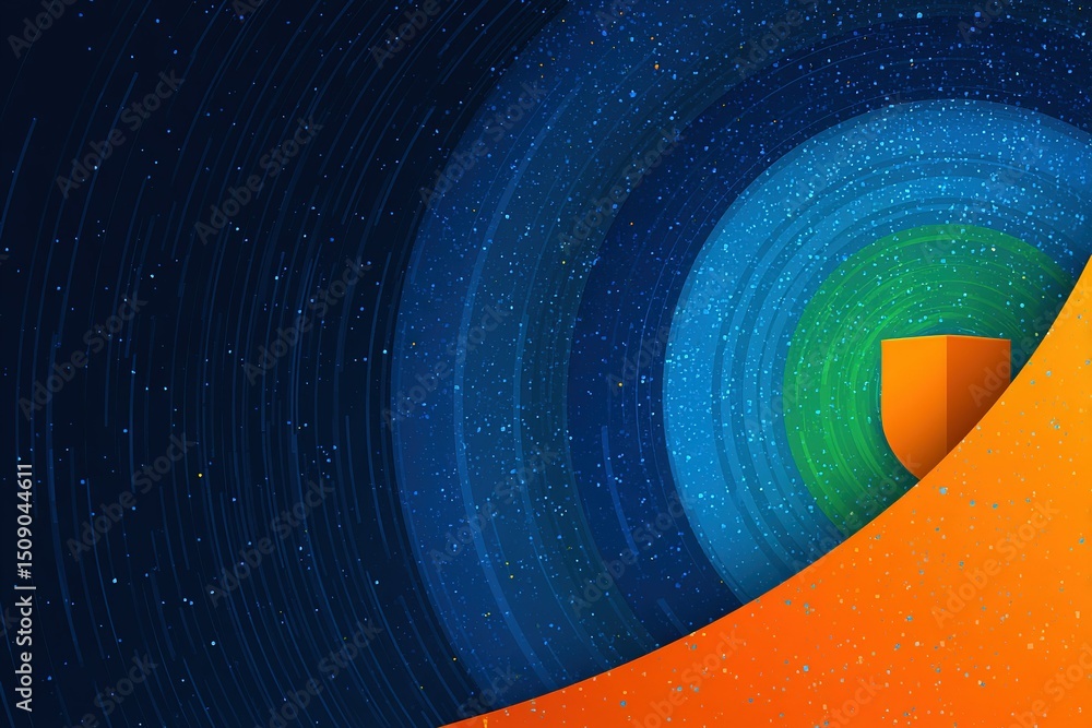 Poster colorful abstract design showcasing circular patterns and shield shape in vibrant colors creating a 