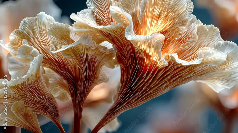 Aufkleber close-up of abstract glowing mushroom-like structures with intricate folds and a radiant inner light