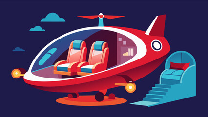 A futuristic air taxi with a spacious interior featuring a minitheater and massage chairs for a relaxing and indulgent journey.. Vector illustration