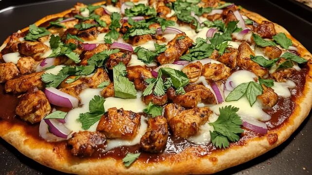 Delicious barbecue chicken pizza with cilantro and red onion, fresh and ready to eat