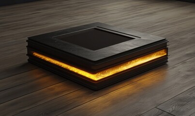 Illuminated black cube on wood floor