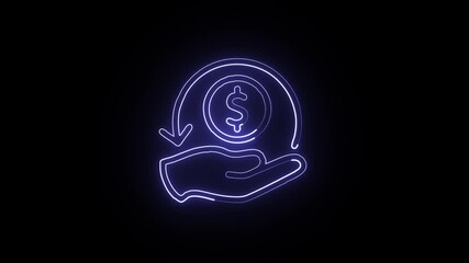 glowing neon cashback icon isolated, black background, hd video motion graphic animation