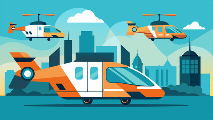 A display of the latest air taxi models showcasing their sleek and futuristic designs garnering the attention of curious travelers passing by.. Vector illustration