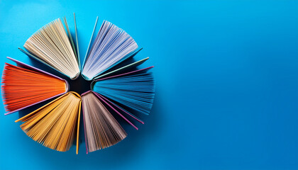 books in colored covers swirl on a blue background copy space