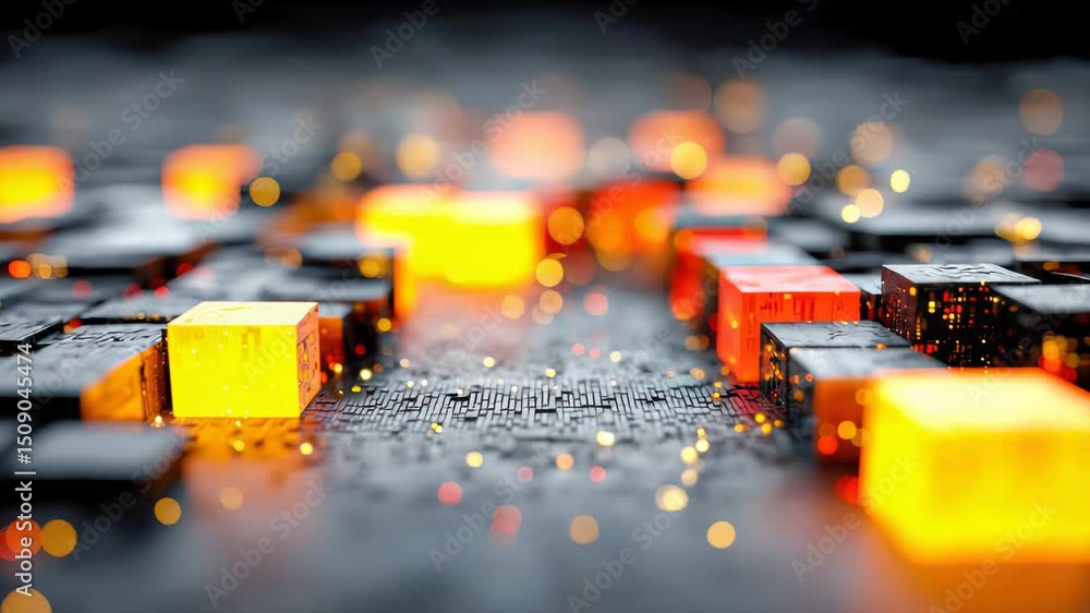 Poster abstract glowing cubes with digital circuitry, illuminated in orange and red tones, symbolizing data
