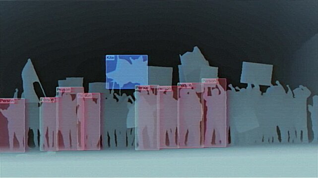 4K Depth map of protest crowd with AI detection boxes, silhouettes holding signs identified by cyber system, glitch HUD overlay for motion graphics, screen mode, public surveillance and analysis