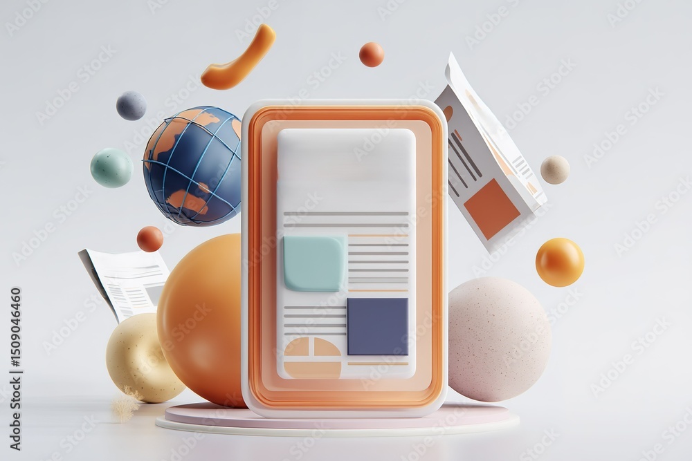 Poster modern abstract composition featuring geometric shapes and colorful elements on a minimalist backgro